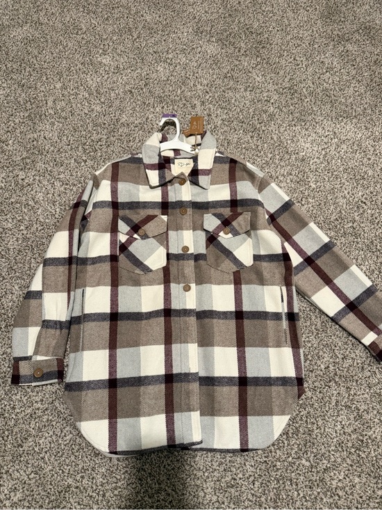 Conscious Clothing Jackets & Blazers - Plaid Button-Front Shacket Jacket in Cream & Brown - Women